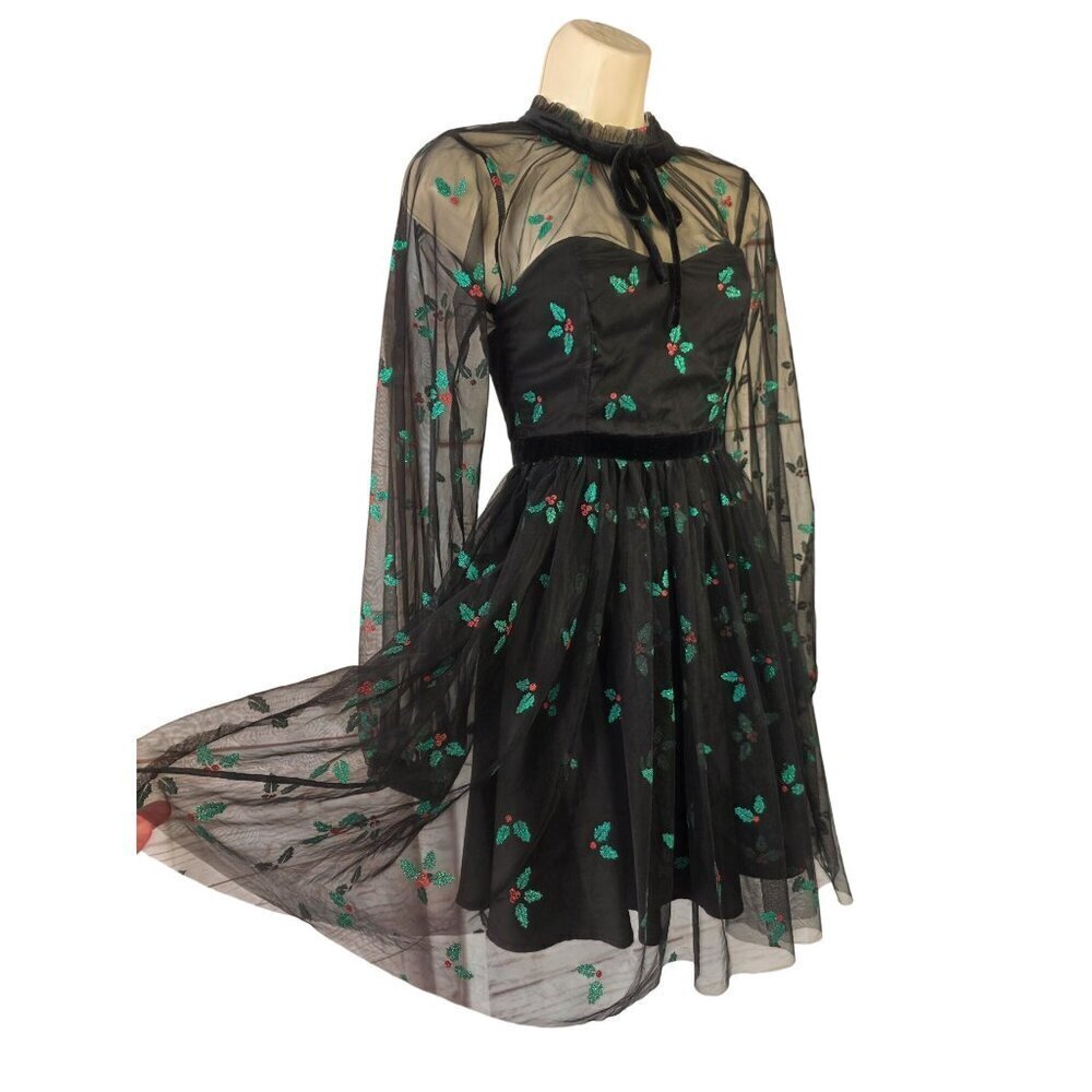 Unique Vintage Black Holiday Dress Size 2 Sheer Embellished Overlay Velvet Trim